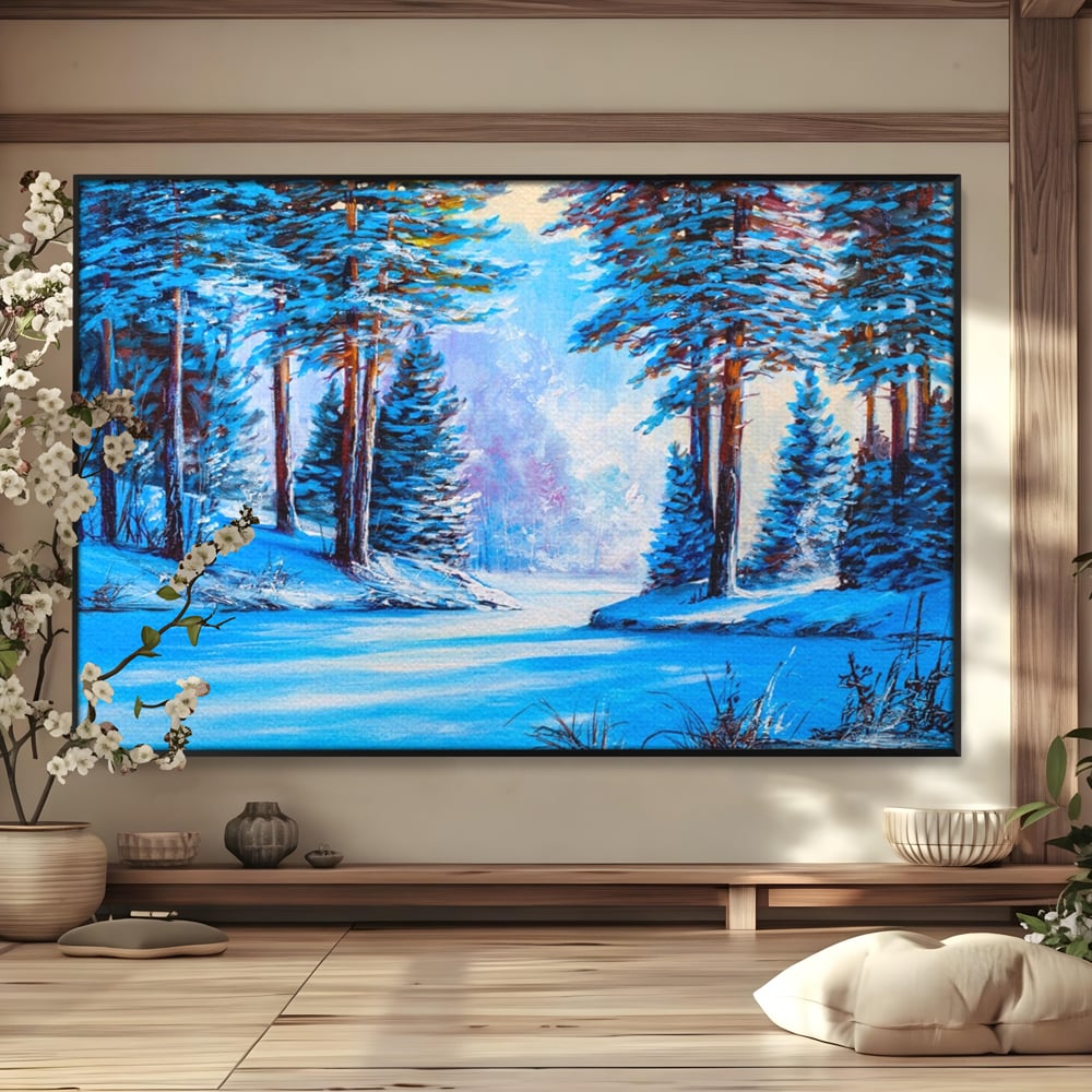 Tablou canvas cu pictura peisaj de iarna cu padure si zapada, in rama de aluminiu negru